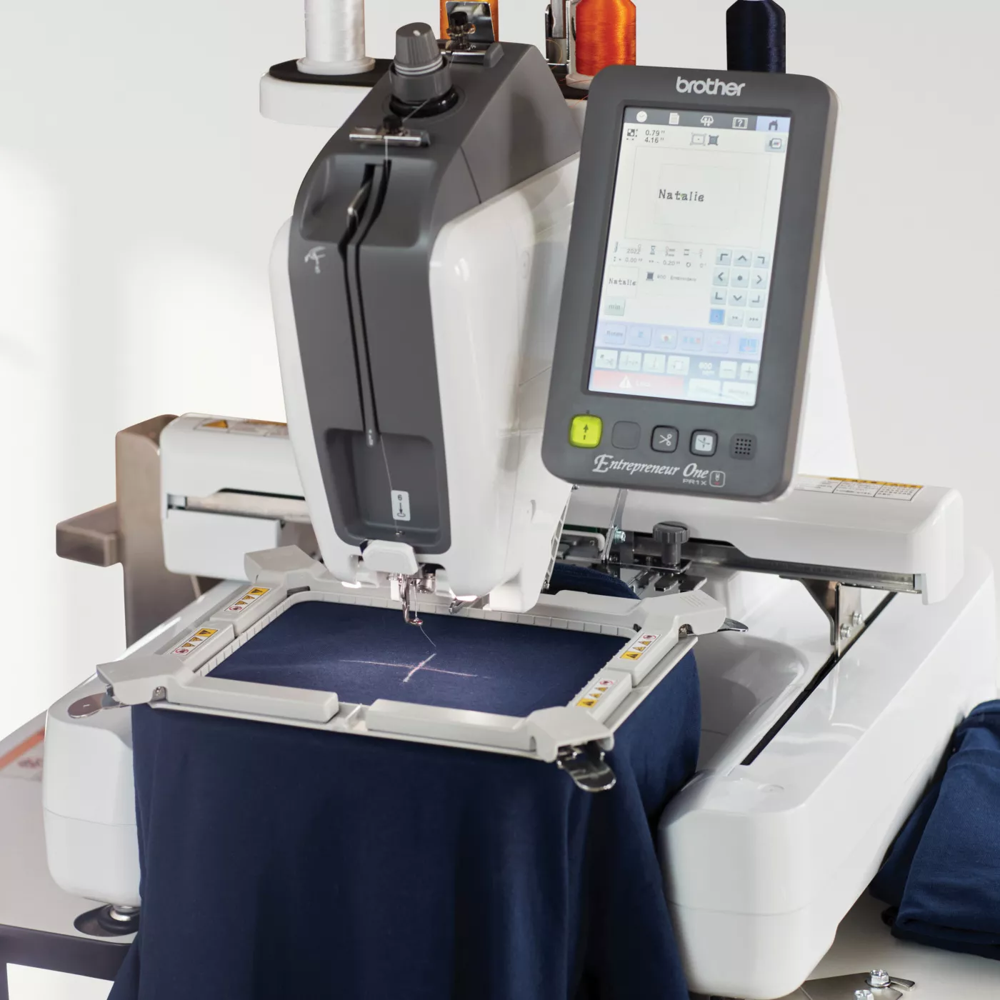 Image of Brother Entrepreneur One PR1x Single needle embroidery machine displaying the 2-point cross hair positioning function